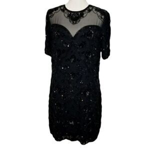 Blacktie Oleg Casslnl Black Sequins Beaded Vintage Silk Evening Dress Size 12